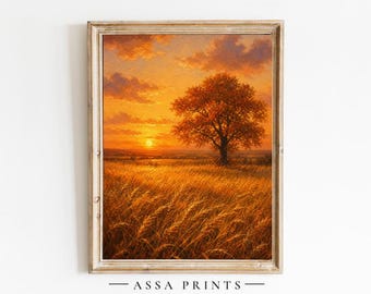 May include: A framed wall art print featuring an oil painting of a golden wheat field under a vibrant orange sunset sky with a single large tree. The text ASSA PRINTS is printed in black at the bottom center of the frame.