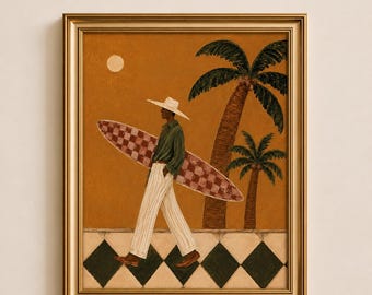 Könnte beinhalten: Ein gerahmter Kunstdruck mit der Aufschrift ASSA PRINTS zeigt eine Person mit breitkrempigem Hut, grünem Hemd und gestreifter Hose, die ein rot-weiß kariertes Surfbrett trägt, dazu zwei Palmen, eine Sonne und einen schwarz-weiß gefliesten Boden.