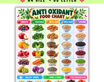 May include: An educational Anti-Oxidant Food Chart poster featuring categorized illustrations of fruits, vegetables, nuts, seeds, grains, legumes, healthy drinks, herbs, spices, and other foods with labels in English for A4 and US Letter sizes.