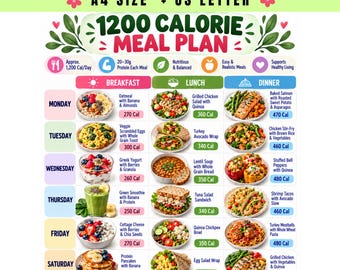 May include: A digital 1200 Calorie Meal Plan chart in PDF format for A4 and US Letter sizes. The document features a weekly schedule from Monday to Sunday, detailing breakfast, lunch, and dinner options with calorie counts and food illustrations.