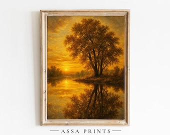 May include: A framed wall art print featuring an oil painting of a large tree silhouetted against a vibrant golden sunset over a calm body of water. The scene includes a reflection of the tree in the water. The text ASSA PRINTS is at the bottom.