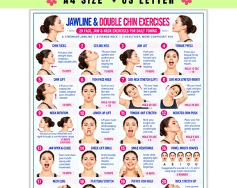 May include: A digital instructional chart titled JAWLINE & DOUBLE CHIN EXERCISES featuring 20 numbered illustrations of facial movements. The white poster includes blue and pink text detailing instructions for daily toning and neck exercises.