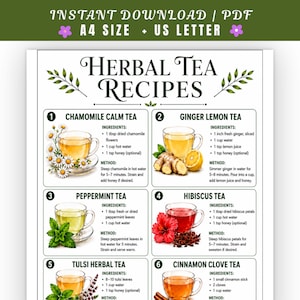 Może przedstawiać: Cyfrowy wydruk zatytułowany Herbal Tea Recipes zawierający sześć numerowanych sekcji z instrukcjami parzenia herbat: rumiankowej, imbirowo-cytrynowej, miętowej, hibiskusowej, tulsi oraz cynamonowo-goździkowej wraz ze składnikami.