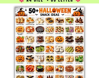May include: A digital printable guide titled 50+ Halloween Snack Ideas featuring a grid of photographs of themed food items like mummy hot dogs, spider crackers, and pumpkin nachos. The document includes text labels for each snack and is formatted for A4 and US Letter paper sizes.