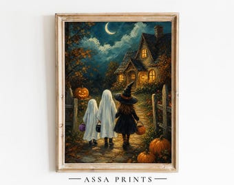 May include: A framed art print depicting a night scene with a crescent moon, a house with glowing windows, and three figures in costumes: two ghosts and a witch. The figures carry small buckets on a path near pumpkins and a wooden fence. Text reads ASSA PRINTS.