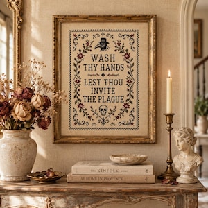 May include: A framed cross-stitch sampler featuring a black plague doctor mask icon, a skull, and the text "WASH THY HANDS LEST THOU INVITE THE PLAGUE" surrounded by a decorative floral border in red and green thread on a light beige fabric background.
