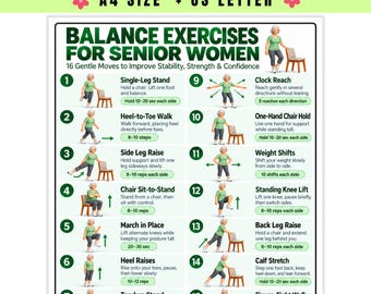 May include: A digital poster titled Balance Exercises for Senior Women, featuring 16 numbered illustrations of a person performing movements with a chair. The text includes instructions for each exercise, available as an instant download in A4 and US Letter sizes.