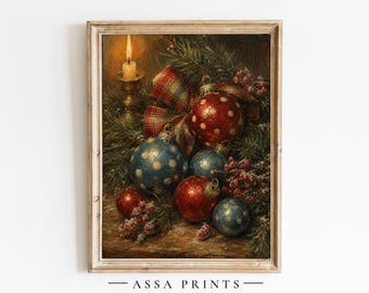 May include: A framed art print featuring a painting of red and blue polka-dot Christmas ornaments, pine branches, red berries, and a lit candle in a brass holder. The text ASSA PRINTS is printed in black at the bottom of the frame.