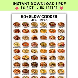 May include: A digital printable chart titled 50+ SLOW COOKER MEAL IDEAS, featuring a grid of fifty small circular photographs of various prepared dishes, each labelled with its name, such as Beef Stew, Pot Roast, and Chicken Noodle Soup.