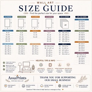 May include: A wall art size guide chart by Assa Prints featuring various aspect ratios including 2:3, 3:4, 4:5, 5:7, and ISO A series. The chart lists dimensions in inches and centimeters for multiple print sizes, alongside helpful tips and information.