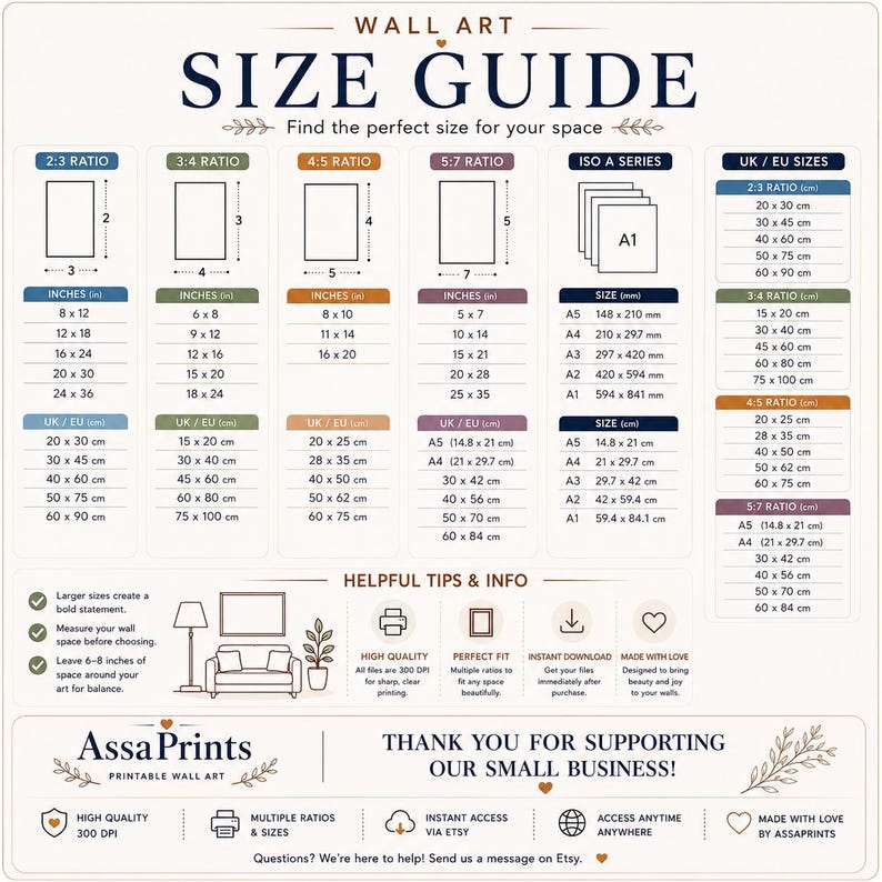 May include: A wall art size guide chart by Assa Prints featuring various aspect ratios including 2:3, 3:4, 4:5, 5:7, and ISO A series. The chart lists dimensions in inches and centimeters for multiple print sizes, alongside helpful tips and information.
