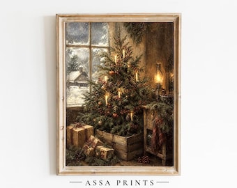 May include: A framed wall art print depicting a Christmas tree in a wooden crate, illuminated by glowing candles. Wrapped gifts sit at the base near a window showing a snowy landscape. A lit oil lamp rests on a wooden table. Text reads ASSA PRINTS.