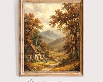 May include: A framed landscape painting depicting a rustic cottage with a chimney in an autumn forest. A winding dirt path leads through golden trees toward distant mountains under a cloudy sky. The artwork is enclosed in a wooden frame.