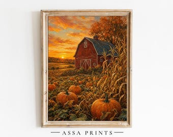 May include: A framed wall art print depicting a rustic red barn situated in a pumpkin patch at sunset. The scene features orange pumpkins in the foreground, tall dried corn stalks, and a vibrant orange and yellow sky above the horizon.