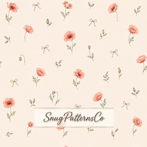 May include: A light cream-coloured fabric pattern featuring scattered watercolour-style coral red poppy flowers, green stems, leaves, and small brown bows. The text SnugPatternsCo is centred in a rectangular frame with a thin gold border.
