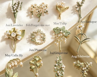 Broche de Flor do Mês de Nascimento, Alfinete de Lapela Botânico com Pérola Verde Fosca, Broche Floral, Presente de Aniversário para Mulheres, Acessório para Jaqueta de Noiva