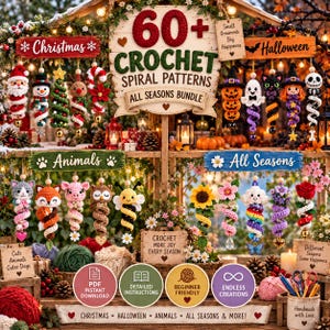 Könnte beinhalten: Eine Sammlung von Häkelspiralmustern mit Feiertags- und Tiermotiven. Die Anzeige enthält hängende Ornamente wie Weihnachtsmann, Kürbisse und Blumen sowie Textbeschriftungen wie 60+ Crochet Spiral Patterns und All Seasons Bundle.