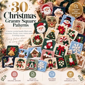 Puede incluir: Una colección de 30 patrones de cuadrados de ganchillo con motivos navideños que incluyen a Santa Claus, renos, muñecos de nieve, hombres de jengibre, coronas, árboles de Navidad, calcetines, bastones de caramelo y copos de nieve.