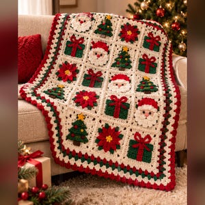 May include: A cream-colored crochet blanket featuring a grid of square motifs. Each square displays a festive Christmas design, including Santa Claus faces, green Christmas trees, red poinsettia flowers, and green gift boxes with red bows.
