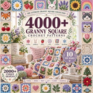 Op de afbeelding: Een verzameling van 4000+ granny square haakpatronen gepresenteerd als 10 PDF-boeken. De omslag bevat een rand van diverse gehaakte vierkantjes met bloemen, dieren en fruit, rondom een centrale afbeelding van een gehaakte deken.