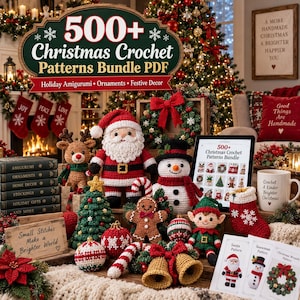 Puede incluir: Una colección digital de más de 500 patrones de ganchillo navideños en formato PDF, que incluye figuras amigurumi como Santa, un muñeco de nieve, un reno, un elfo y un hombre de jengibre, junto con adornos, calcetines y decoraciones.