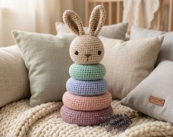 Patrón de anillos apilables de ganchillo, juguete apilable de conejito, regalo Montessori para baby shower, pirámide de juguete sensorial de conejito amigurumi para bebés, descarga digital