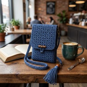 Può includere: Una borsa a tracolla all'uncinetto blu scuro con corpo rettangolare e chiusura a patta fissata da un bottone in legno a olivetta. La borsa include una lunga tracolla abbinata e un nappa decorativa con una perla in legno alla base.
