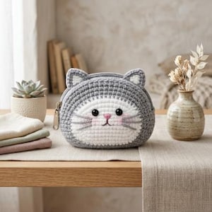 Op de afbeelding: Een grijs en wit gehaakt tasje in de vorm van een kattenkop met twee puntige oren, zwarte kraaloogjes, een roze geborduurde neus en geborduurde snorharen. Het tasje heeft een metalen ritssluiting aan de bovenkant en een rond, compact ontwerp.