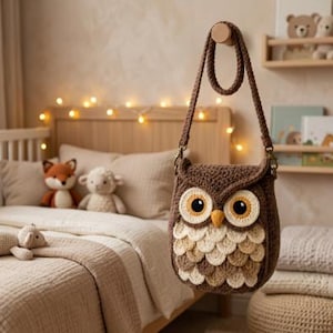 May include: A brown crochet crossbody bag shaped like an owl, featuring large round eyes with yellow and white details, a small orange beak, and layered scalloped feathers in shades of cream, beige, and brown, with a matching brown crochet strap.