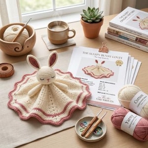 Könnte beinhalten: Ein cremefarbenes Häkel-Hasen-Schmusetuch mit rosa Innenohren und einem rosa umrandeten, gewellten Rand. Das Set enthält eine gedruckte Anleitung mit dem Titel The Sleepy Bunny Lovey, zwei Knäuel Baumwollgarn, eine Garnschale und zwei Häkelnadeln.