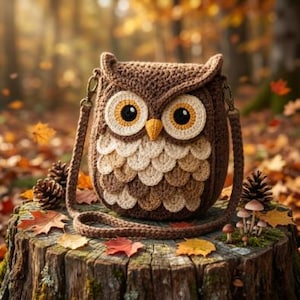 Puede incluir: Un bolso bandolera de ganchillo marrón con forma de búho, con grandes ojos circulares de centros amarillos y negros, un pequeño pico amarillo y plumas superpuestas de color crema y marrón en la parte delantera. Incluye una correa de ganchillo.