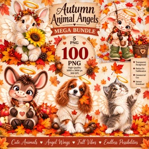 Puede incluir: Un paquete gráfico digital titulado Autumn Animal Angels que presenta cinco ilustraciones de animales alados, incluyendo un conejo con un girasol, un cordero con paraguas, un burro con una taza, un spaniel con suéter y un gatito, rodeados de hojas de otoño.