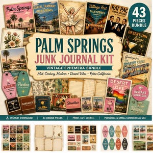 May include: A Palm Springs junk journal kit featuring 43 unique pieces of vintage ephemera including posters, postcards, hotel key tags, and patterned papers. The collection displays retro California imagery, desert landscapes, and mid-century graphics.