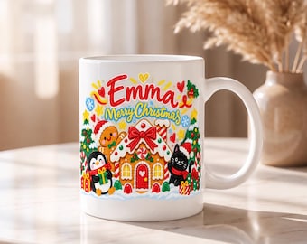 名入れクリスマスマグカップ、カスタムネーム入りセラミックマグカップ、かわいいジンジャーブレッドホリデーカップ、子供、家族、友人へのクリスマスギフト
