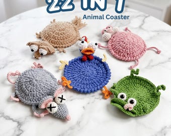 24 modelli in 1 per sottobicchieri all'uncinetto a tema animali, pacchetto porta tazze, portabicchieri a forma di animali (DOWNLOAD PDF)
