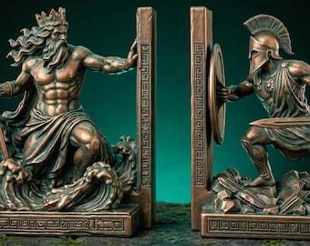 Poseidon Odysseus Bookends | The Odyssey Greek Mythology Statue Set | Hand-Painted Bronze Book Ends | Homer Epic Home Decor