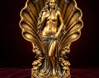 Scultura a conchiglia raffigurante Afrodite e Venere, dipinta a mano, decorazione per altare a tema mitologia.