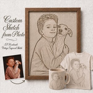 Personalized Pet Portrait From Photo & Process Video, Custom Clay Engraving, Handmade Sketch Art, Memorial Gift, Vintage Wall Decor