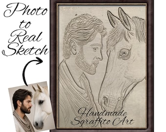Retrato de caballo personalizado a partir de una foto con vídeo del proceso, retrato de caballo personalizado, regalo para amantes de los caballos, arte de grabado en arcilla vintage, boceto 3D