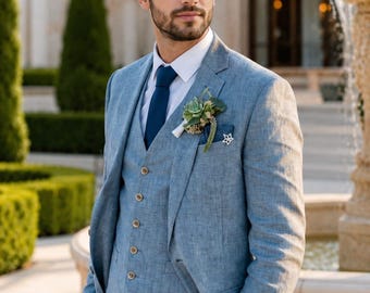 Men’s Light Blue Linen 3 Piece Suit for Men, Beach Wedding & Party Suit