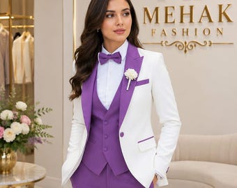 Women’s Luxury White and Lavender Purple 3 Piece Suit  Business Formal Party