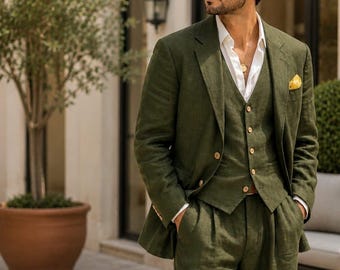 Completo di lusso a tre pezzi in lino verde, vestibilità slim, ideale per matrimoni e occasioni formali.