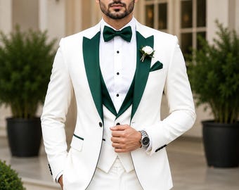 Men’s White 3 Piece Suit Green Lapel Tuxedo Design Wedding & Party Suit