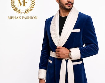 Smoking jacket Blue Velvet & White Quilted luxury velvet Robe