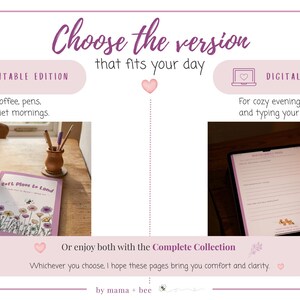 May include: A promotional graphic titled Choose the version that fits your day, featuring a Printable Edition with a floral planner on a wooden table and a Digital Edition with a tablet displaying a planner page, plus a Complete Collection option.