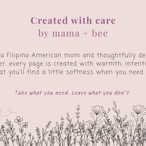 May include: A light pink card featuring the text Created with care by mama + bee, followed by a paragraph about Filipino American design, and the phrase Take what you need. Leave what you don't. The bottom border has black line art of wildflowers and a bee.