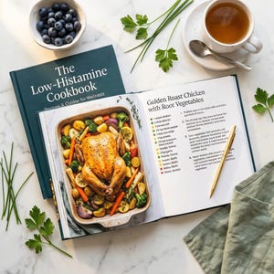 Könnte beinhalten: Ein dunkelgrünes Kochbuch mit dem Titel The Low-Histamine Cookbook, das auf einer offenen Seite ein Rezept für goldenes Brathähnchen mit Wurzelgemüse zeigt. Ein goldener Stift liegt neben einer Schale Blaubeeren, einer Tasse Tee und frischen Kräutern.