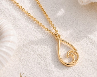 Gold Wave Necklace, Teardrop Pendant Necklace Gift for Her, 14K 18K Solid Gold, Anniversary Birthday Gift, Ocean Dainty Necklace, Rose White