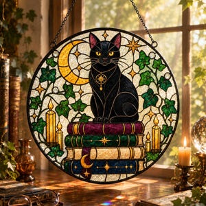 以下が含まれることがあります： 4冊の本の上に座る黒猫が描かれた円形のステンドグラスのサンキャッチャー。黄色い三日月、緑のアイビーの蔓、金色のキャンドルがデザインされています。猫は星型のペンダントを身につけており、金属製のチェーンで吊り下げられています。