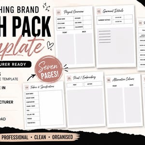 May include: A digital clothing brand tech pack template featuring seven pages of organized forms for project overview, garment details, PDM diagrams, fabric specifications, print and embroidery, alternative colors, and packaging and labels.